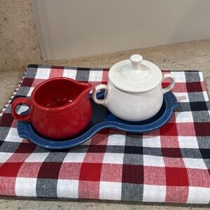 Red, White & Blue Ceramic Sugar and Creamer Set With Two Sided Table Runner